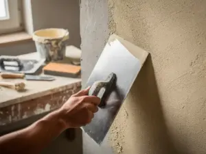 Vakman die met een spaan fijne pleister aanbrengt op een muur, met contrast tussen ruwe onderlaag en gladde afwerklaag.