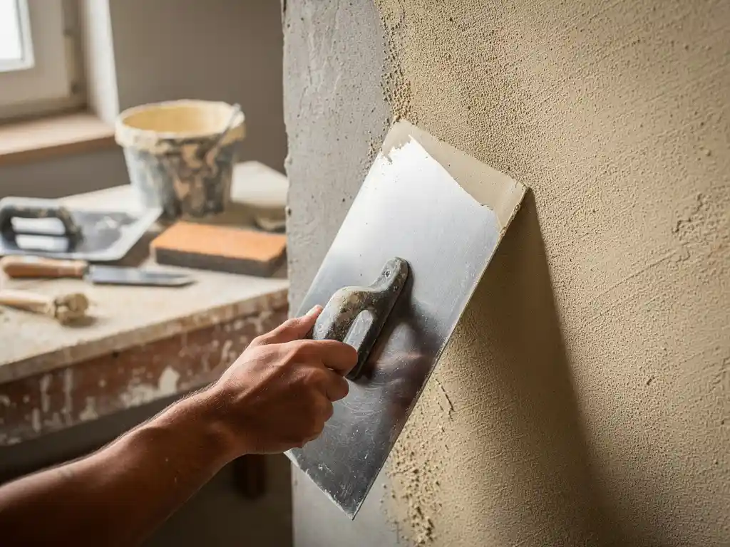 Vakman die met een spaan fijne pleister aanbrengt op een muur, met contrast tussen ruwe onderlaag en gladde afwerklaag.