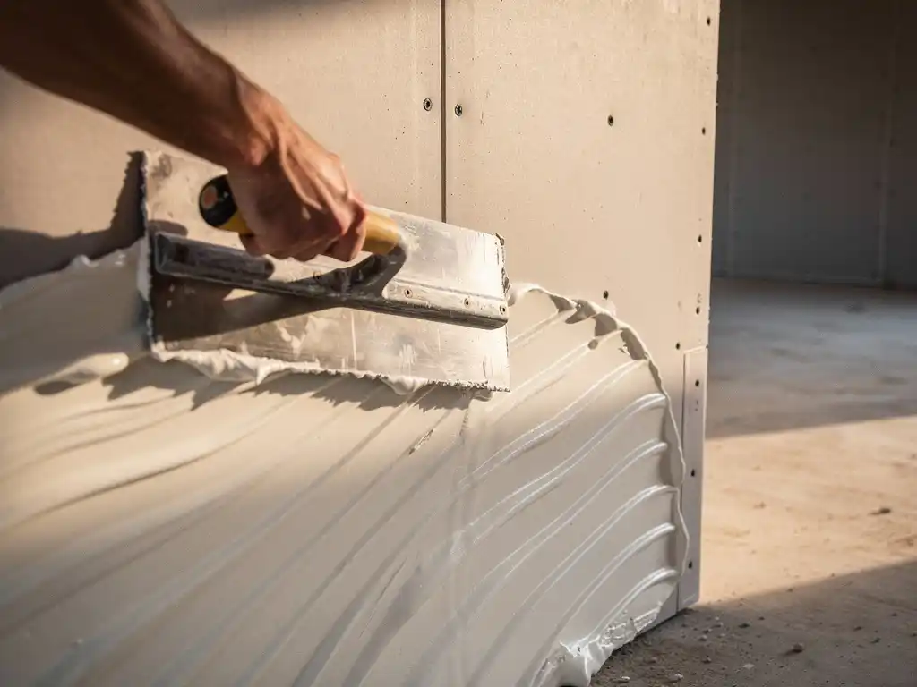 Metselspatel die verse witte pleister aanbrengt op een nieuw gebouwde binnenmuur, met gipsplaten en betonvloer op de achtergrond.