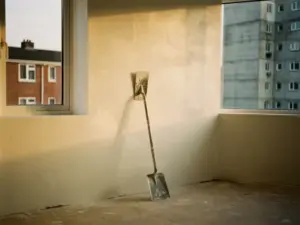 Pleistertroffel leunend tegen een vers gestuukte witte muur, met een bakstenen woning en betonnen flat zichtbaar door het raam.