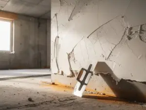 Pleistertroffel tegen een vers gepleisterde muur met haarscheurtjes en ongelijke vlakken in een onafgewerkt nieuwbouwappartement.
