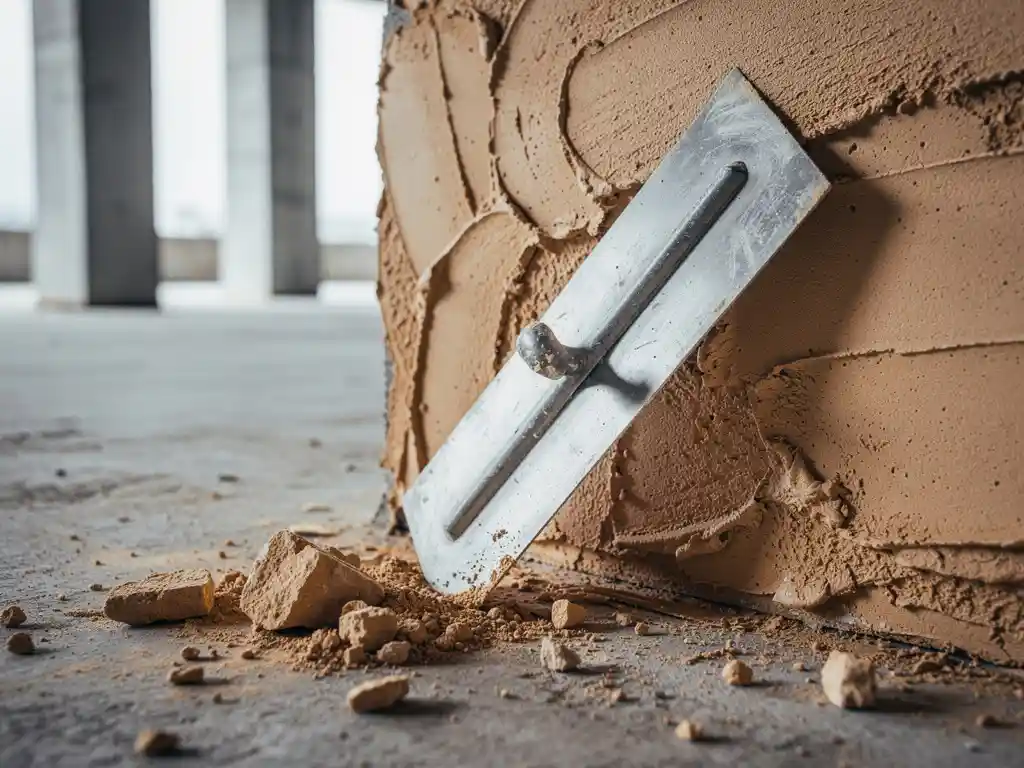 Metselaarstruweel diagonaal tegen een vers gepleisterde muur met ongelijke vlakken, kale betonnen kolommen op de achtergrond.