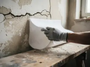 Gehandschoende hand die renovatievlies aanbrengt over een haarscheurtje in een pleisterwand, met zichtbare vezelstructuur en fijn stofneerslag.