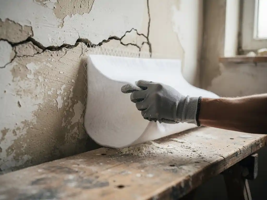 Gehandschoende hand die renovatievlies aanbrengt over een haarscheurtje in een pleisterwand, met zichtbare vezelstructuur en fijn stofneerslag.