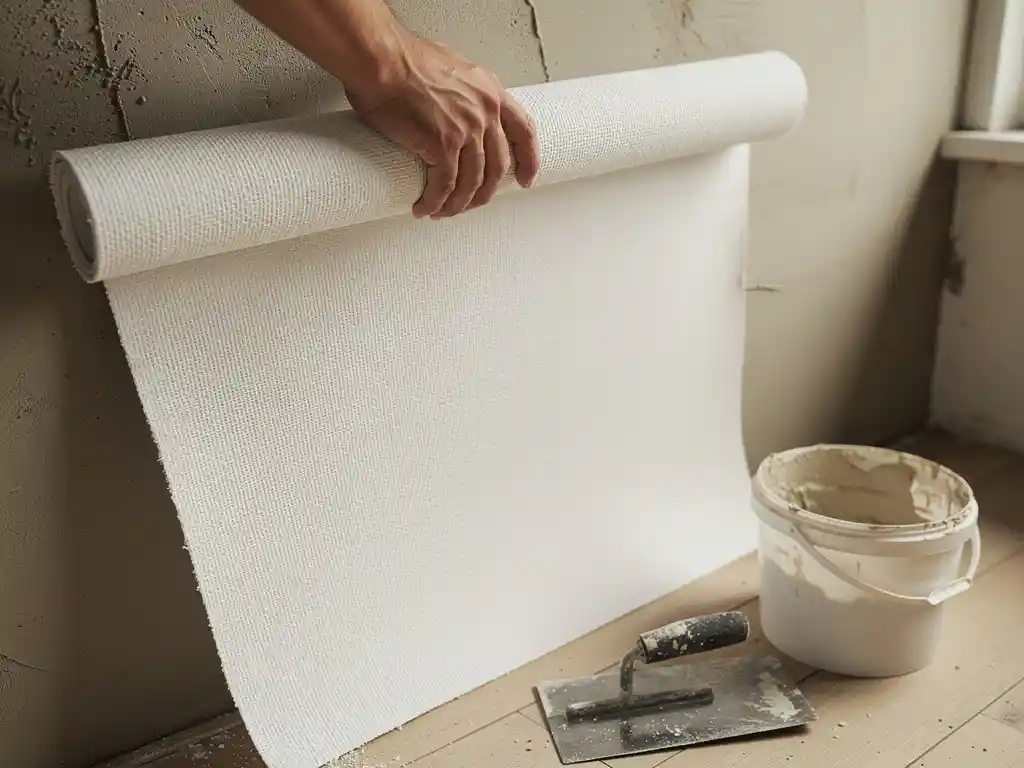 Vakman die renovlies uitrolt over een vers gestuukte muur, met troffel en lijmbak op houten vloer, natuurlijk licht.
