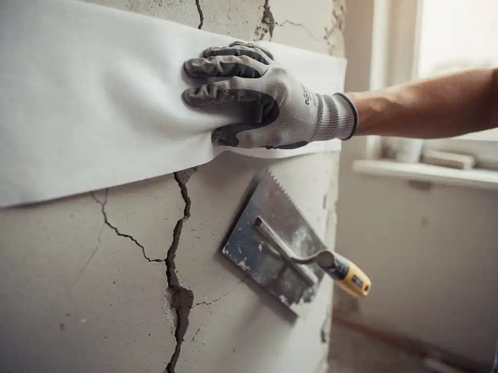 Gehandschoende hand die renovlies aanbrengt over een gescheurde muur, met een pleisterspaan op de achtergrond.