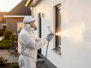 VCA-gecertificeerde schilder in beschermende uitrusting spuit witte coating op een gevelpui in Zuid-Holland, gouden middaglicht.