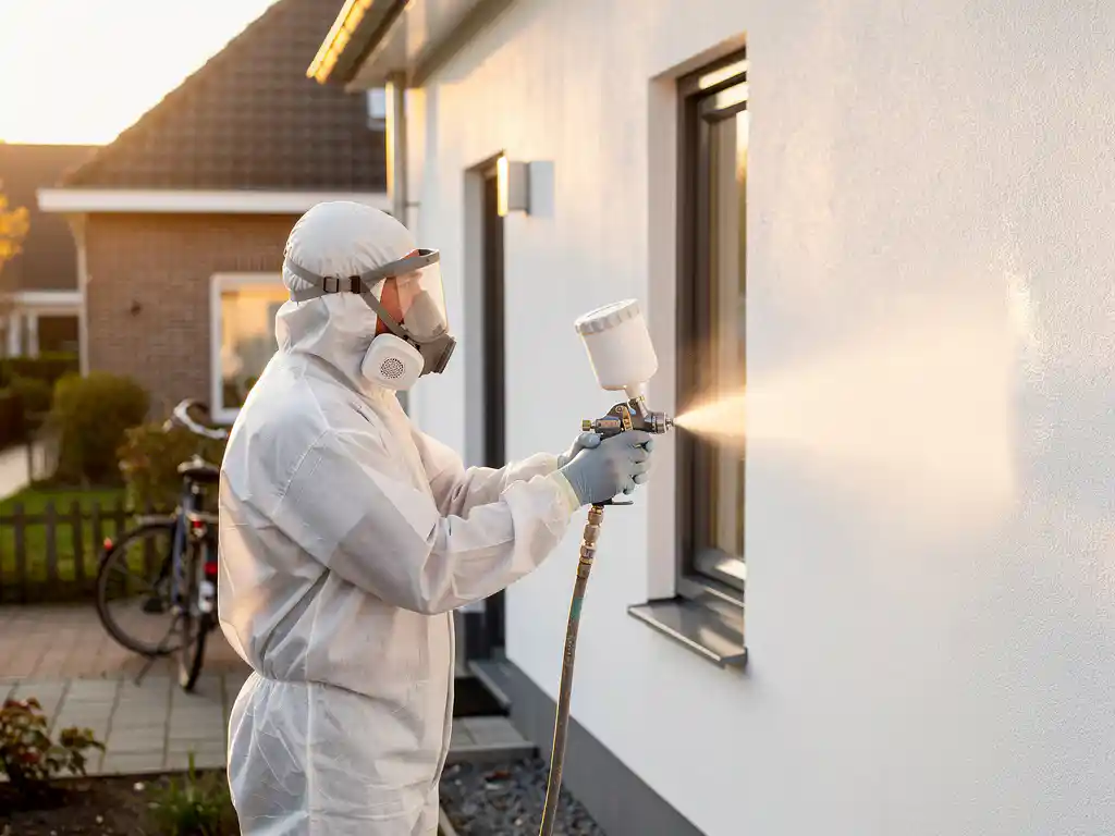 VCA-gecertificeerde schilder in beschermende uitrusting spuit witte coating op een gevelpui in Zuid-Holland, gouden middaglicht.