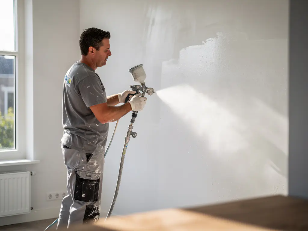 Vakman die spak-spuitwerk aanbrengt op een binnenmuur in een modern Nederlands appartement, met spuitapparatuur en natuurlijk zijlicht.