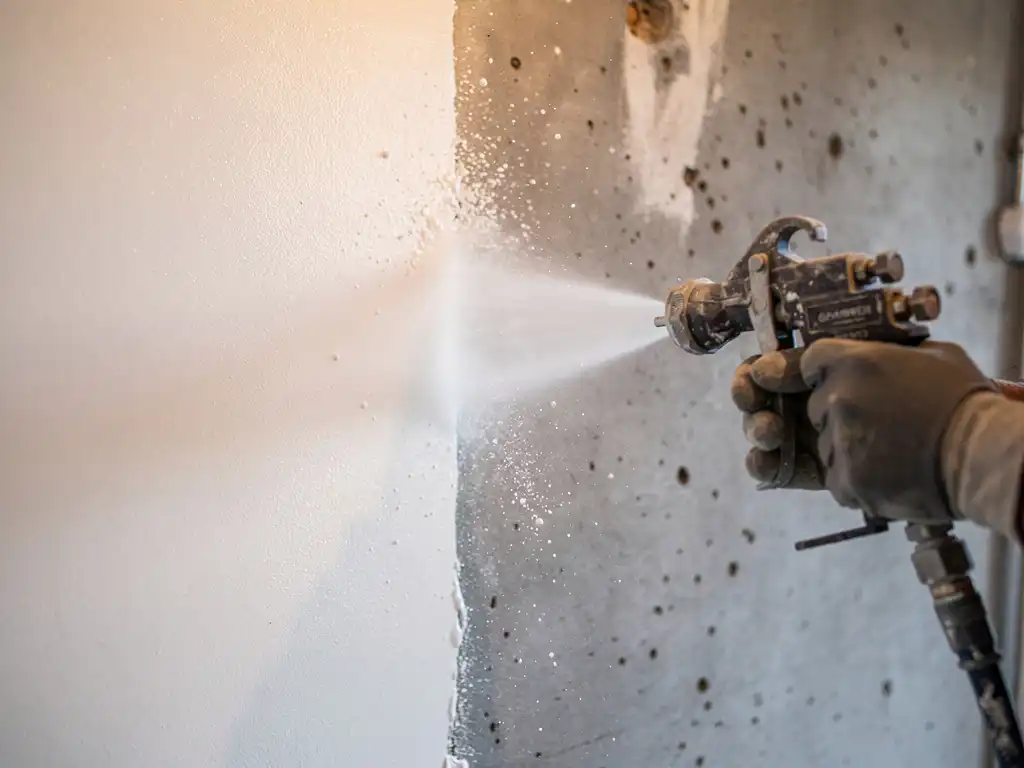 Spuitpistool dat witte pleistercoating op betonnen muur aanbrengt in Nederlands bouwinterieur, druppels zichtbaar in de lucht.