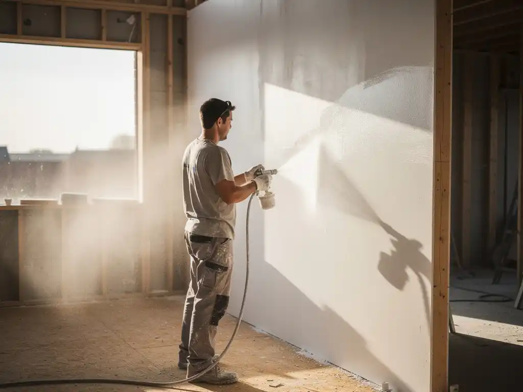 Vakman die witte spuitpleister aanbrengt op een binnenmuur van een nieuwbouw rijtjeshuis, gipsplaten zichtbaar op de achtergrond.