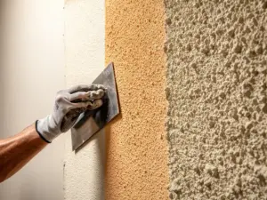 Gehandschoende hand met staalspaan die spuitpleister aanbrengt op muur met drie textuurvarianten: fijn, middel en grof.