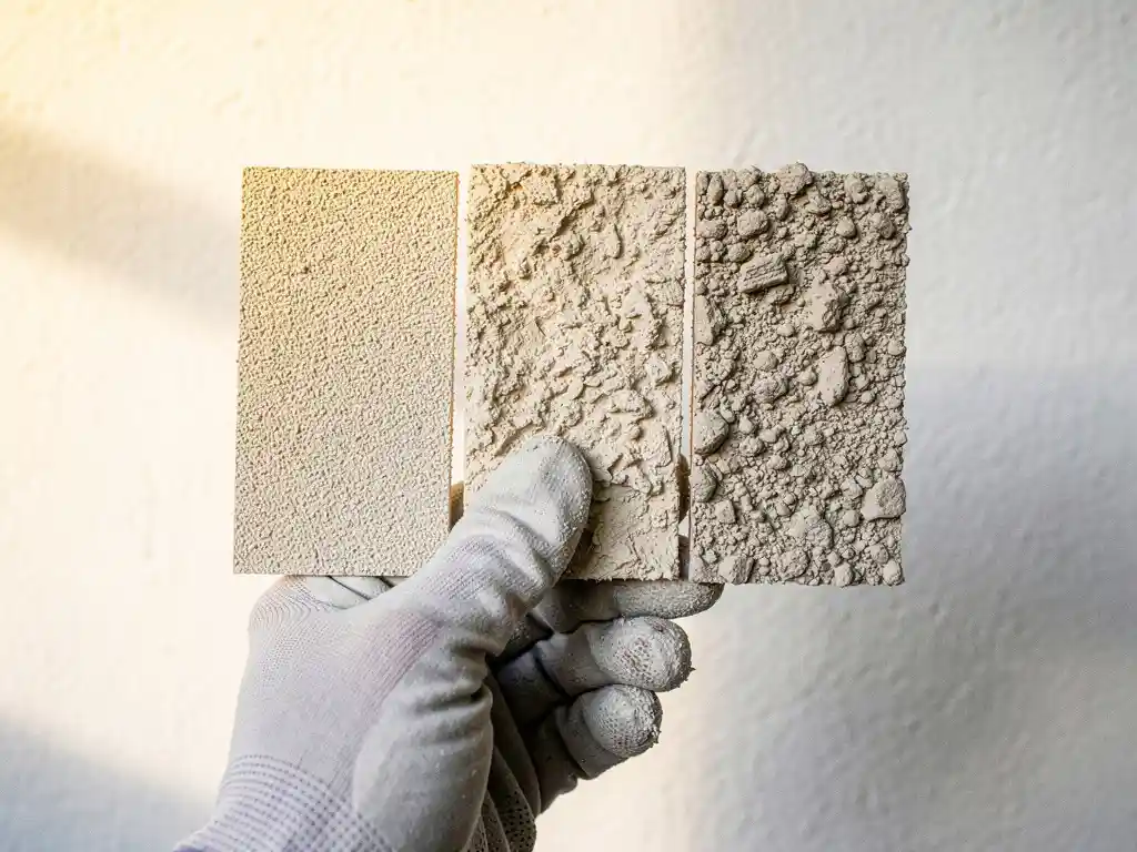 Gehandschoende hand houdt drie voorbeeldplaten met fijn, middel en grof spuitpleister naast elkaar voor een witte pleistermuur.