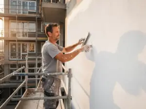 Stukadoor brengt glad wit stucco aan op betonnen gevel van Rotterdams hoogbouwproject, steigers en half-afgewerkte appartementen op achtergrond.