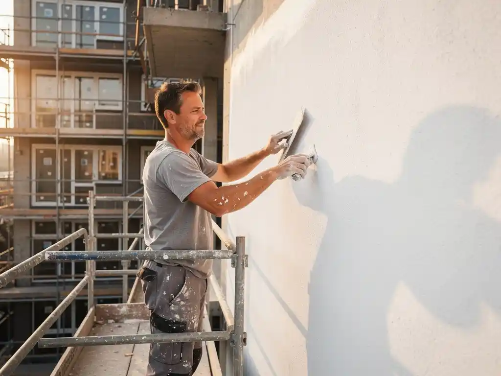Stukadoor brengt glad wit stucco aan op betonnen gevel van Rotterdams hoogbouwproject, steigers en half-afgewerkte appartementen op achtergrond.