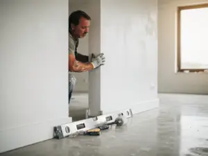 Stukadoor inspecteert gladgepleisterde witte muur in nieuwbouwinterieur, gereedschap en waterpas tegen de plint.