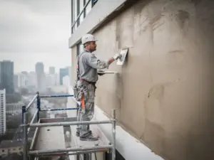 Stucadoor op steiger brengt stucwerk aan op bovenverdieping van woongebouw, met stadssilhouet op de achtergrond.