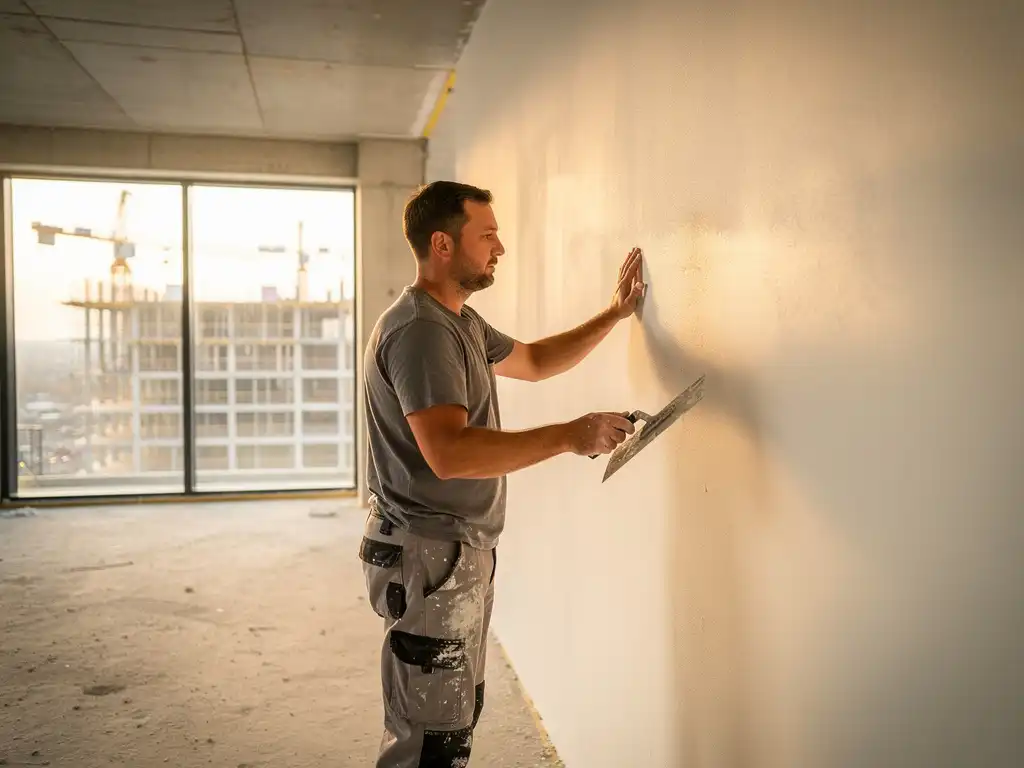 Stukadoor inspecteert gladde witte stuclaag op betonnen muur in onafgewerkt appartement met grote ramen en natuurlijk daglicht.