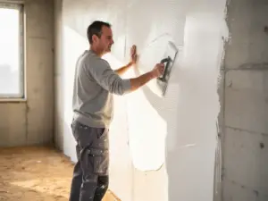 Vakman strijkt verse witte stucco glad op een nieuwbouwmuur in een Den Haag appartement, natuurlijk middaglicht door leeg raamkozijn.