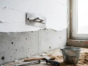 Metselaarsspaan die verse witte stuclaag aanbrengt op betonnen muur in nieuwbouwappartement, afwerkgereedschap op stoffige vloer.