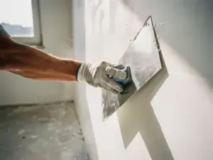 Gehandschoende hand die met een brede stalen spaan een witte muur glad strijkt in een nieuwbouwwoning, fijn stofdeeltjes in de lucht.