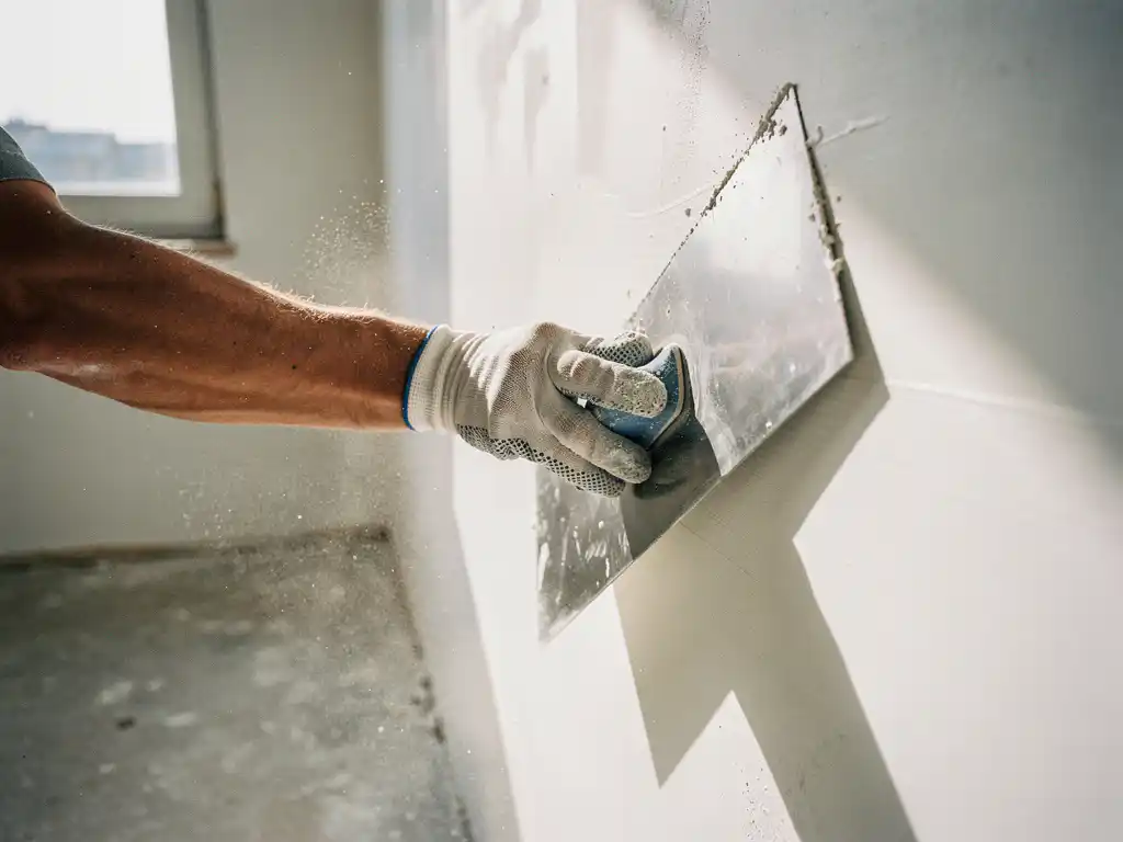 Gehandschoende hand die met een brede stalen spaan een witte muur glad strijkt in een nieuwbouwwoning, fijn stofdeeltjes in de lucht.