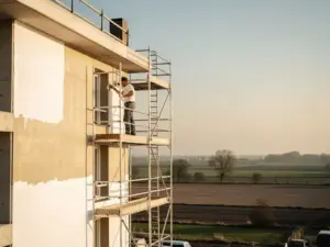 Stukadoor brengt wit stucwerk aan op de gevel van een nieuwbouw appartementencomplex in Nederland, met steigers en een vlak polderlandschap op de achtergrond.