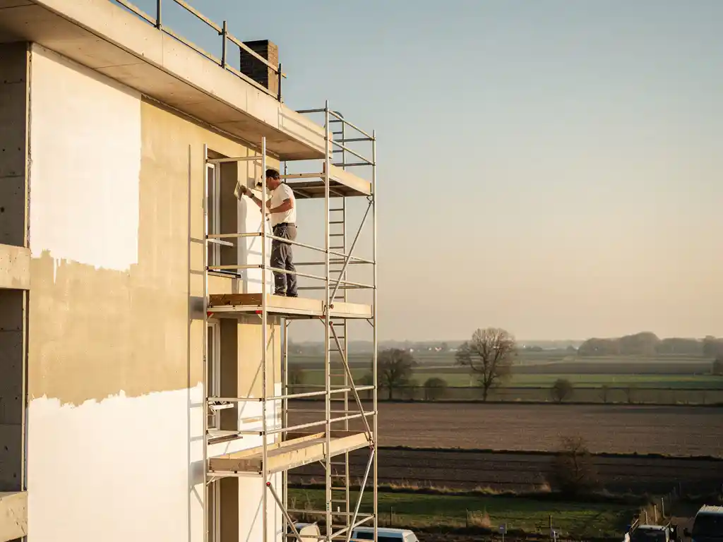 Stukadoor brengt wit stucwerk aan op de gevel van een nieuwbouw appartementencomplex in Nederland, met steigers en een vlak polderlandschap op de achtergrond.