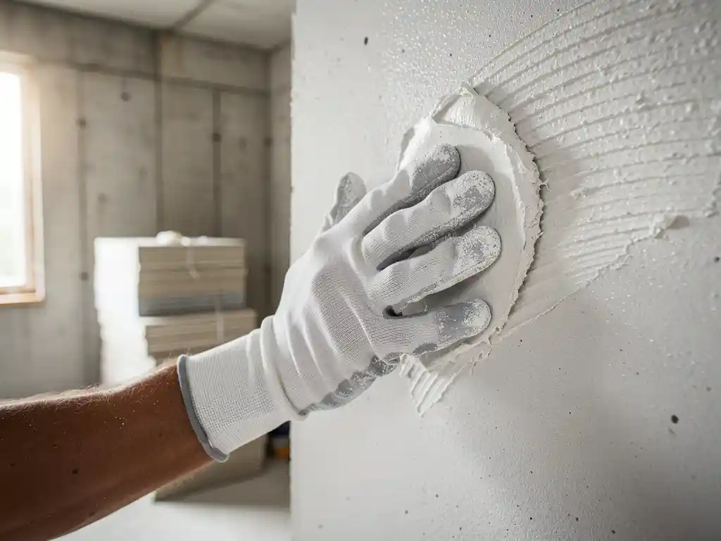 Gehandschoende hand die verse witte stucco aanbrengt op betonnen wand in nieuwbouwappartement, met natuurlijk daglicht.