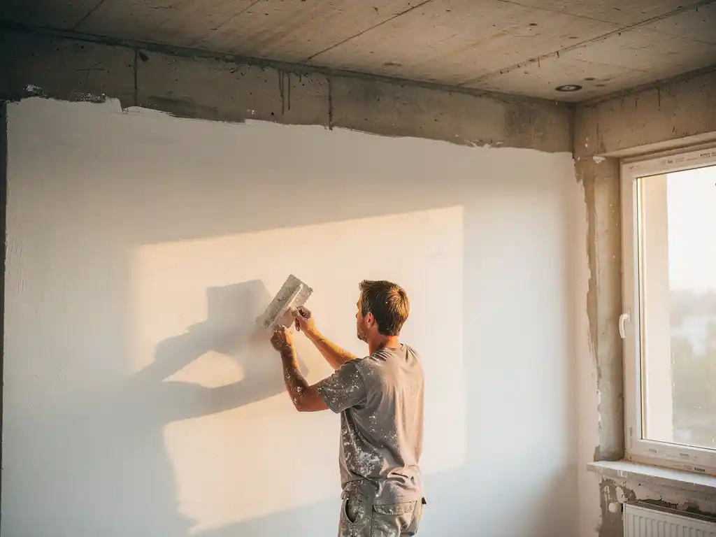 Stukadoor brengt glad wit stucwerk aan op een binnenmuur van een nieuwbouwwoning, met troffel in de hand en onafgewerkt betonplafond erboven.