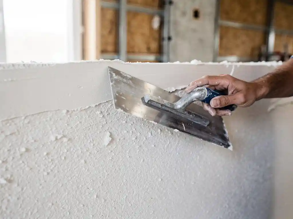 Stukadoor trekt glad wit stucwerk over een verse binnenmuur van een nieuwbouwwoning, met betonnen omlijsting op de achtergrond.