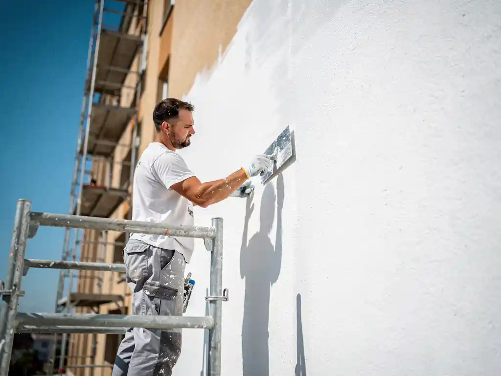 Stukadoor brengt glad wit stucwerk aan op gevel van appartementengebouw, steigers zichtbaar tegen blauwe lucht.