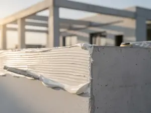 Metselspaan die verse witte stucco aanbrengt op een prefab betonnen wandpaneel, met een modulaire woningframe op de achtergrond.