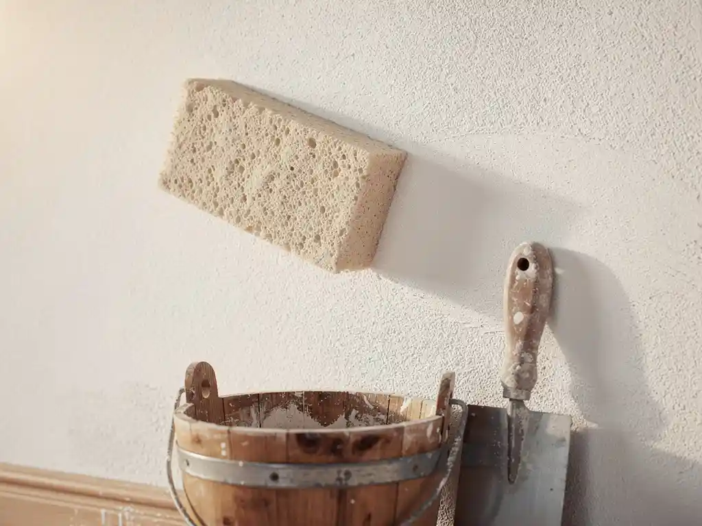 Vochtige spons die over een glad afgewerkte witte stucmuur glijdt, met houten emmer en spatel tegen de plint.