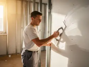 Stukadoor brengt witte afwerkingspleister aan op gipsplaatwand met metalen stijlen, troffel in hand, zacht natuurlijk licht.