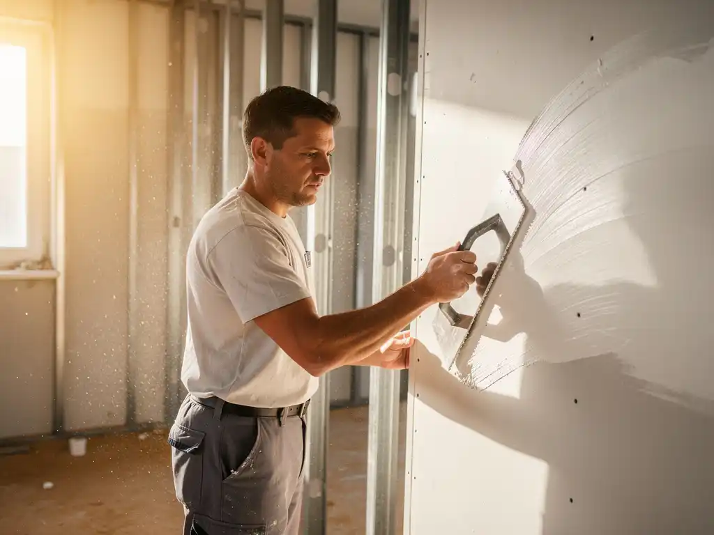 Stukadoor brengt witte afwerkingspleister aan op gipsplaatwand met metalen stijlen, troffel in hand, zacht natuurlijk licht.