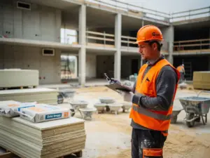 Stukadoor coördineert materiaalleveringen op grote Nederlandse appartementenbouw, met gestapelde gipsplaten en mengapparatuur op onafgewerkte verdiepingen.