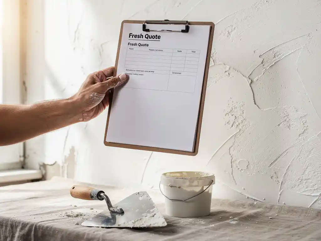Stukadoor houdt clipboard met offerte voor vers gepleisterde witte muur, troffel en emmer op beschermzeil, natuurlijk daglicht.