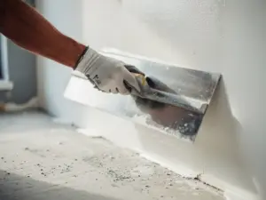 Gehandschoende hand die een stalen spaan over een gladde witte muur trekt tijdens nieuwbouwafwerking, fijn stofdeeltjes zichtbaar in het licht.