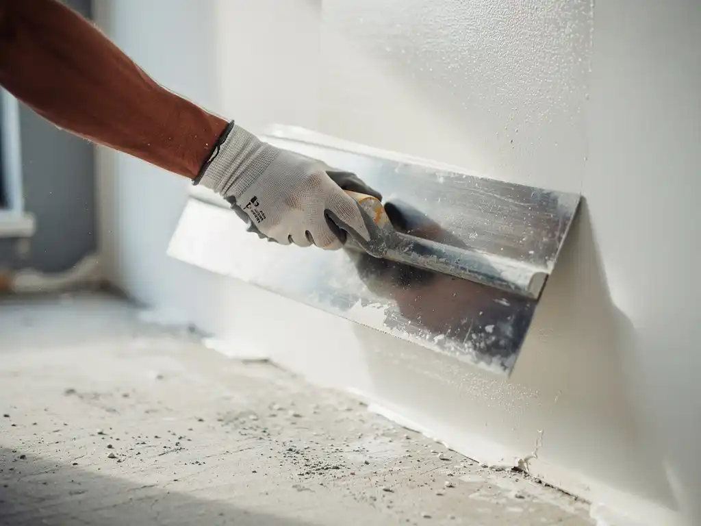 Gehandschoende hand die een stalen spaan over een gladde witte muur trekt tijdens nieuwbouwafwerking, fijn stofdeeltjes zichtbaar in het licht.