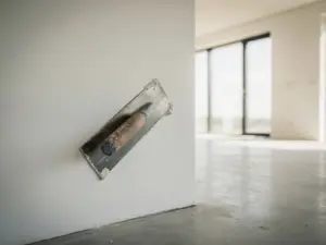 Stukadoor trekt spatel over vers gepleisterde witte muur in lege nieuwbouwwoning met betonvloer en grote ramen.