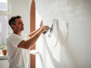 Stukadoor die met een spaan een egale witte muur afwerkt in een lichte woonruimte in Utrecht, vers pleisterwerk zichtbaar.