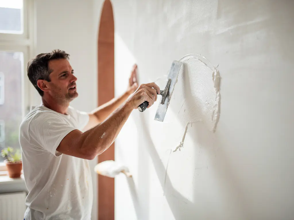 Stukadoor die met een spaan een egale witte muur afwerkt in een lichte woonruimte in Utrecht, vers pleisterwerk zichtbaar.