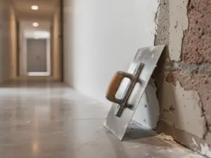 Stukadoorslepel tegen vers gestucte gangmuur in modern appartementencomplex, gladde witte pleisterlaag naast onafgewerkt gedeelte.