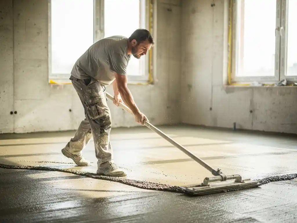 Stukadoor die vloerbeton afwerkt met een lange zwabber in een nieuwbouwwoning met onafgewerkte betonnen muren.